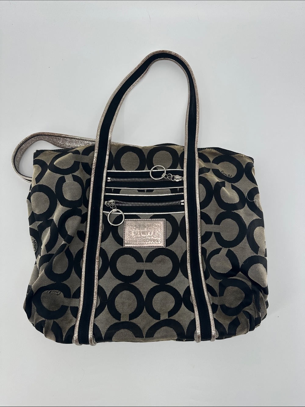 Coach Black and Taupe Signature Canvas Tote with Metallic Trim